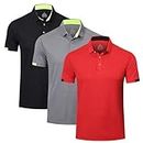 HUAKANG 3 Pack Men's Polo Shirts Quick-Dry Short Sleeve Athletic Golf Shirt Moisture Wicking Casual Sport Top Work Shirts(0506-Black Grey Red-L)