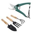 Oblivion Gardening Tools - Flower Cutter/Garden Shear/Pruner & Big Garden Tool Set Wooden Handle Hand Cultivator,Trowel, Garden Fork (Set of 4)