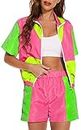 Women's Vintage 80s 90s Costume 2 Piece Outfit Zip Front Jacket Windbreaker Tracksuit Themed Party Workout Set (Pink, S)