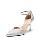 Dream Pairs Women�s High Heels Strappy Closed Toe Stiletto Ankle Strap Pointed Toe D'Orsay Heel Dress Wedding Party Pumps Shoes, Silver-Glitter, 5