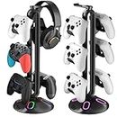 Gaming RGB Headphone Stand,Canmarin Controller Holder with 9 Light Modes - Headset Stand with 2 USB Charging Ports and 3.5mm & Type-C - Controller Stand Hanger Accessories for Desk and Gamer(Black) A