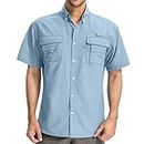 Toomett Men's Short Sleeve Fishing Shirt,UPF 50+ Breathable Button Down Shirts, Outdoor Recreation Short Sleeve Shirt, Blue, Large