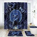 GURETER Viking Raven Shower Curtain Set, 4PCS Blue Bathroom Sets with Odin Valknut Norse Celtic Runes Shower Curtains, Bath Rug, Toilet Lid Cover and U Shaped Mat, 12 Hooks, SETLSGU17