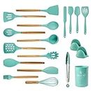 LeMuna Cooking Utensils Set, 18pcs Kitchen Silicone Utensils, Heat Resistant Non Toxic & BPA-Free with Holder & Wooden Handle, Home Essential Accessories, Teal(Turquoise)