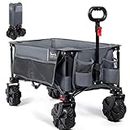 Timber Ridge Folding Festival Trolley Cart Detachable Big Wheels 100kg Capacity Foldable Garden Trolley for Outdoor Picnic Shopping, Heavy Duty Beach Wagon with Adjustable Handle & Cover Bag,Grey
