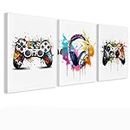 3 Pcs 16" x12'' Framed Gaming Room Decor Canvas Wall Art Video Game Art Prints Framed, Gaming Theme Watercolor Posters Prints for Boys Kids Teen Game Room Bedroom Playroom Wall Decor (12x16inch)