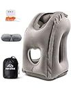 Inflatable Travel Pillow, Airplane Neck Pillow Comfortably Supports Head, Neck and Chin for Airplanes, Trains, Cars and Office Napping with 3D Eye Mask, Earplugs and Portable Drawstring Bag (Gray)