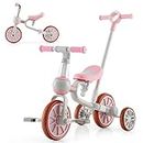 BABY JOY 4 in 1 Tricycle for Toddlers Age 2-4, Kids Trike Baby Balance Bike w/Adjustable Seat & Push Handle, Removable Pedals & Training Wheels, Ride-on Toy for Boys Girls (Pink)