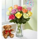 1-800-Flowers Flower Delivery Happy Birthday Assorted Roses 12-24 Stems, 12 Stems W/ Clear Vase & Bear | Same Day Delivery Available