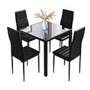 Jooli Glass Table and Chairs Set 4, 75cm Square Table with 4 Faux Leather High Back Chairs Modern Dining Room Sets for Home Kitchen Office, Black