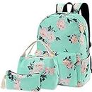 Flowers Backpack Kids School Bag 3-in-1 Bookbag Set, Junlion Rose Laptop Backpack Lunch Bag Pencil Case for Teen Girls Womens Green