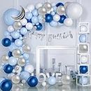 Special You Blue theme birthday decoration items kit for boys with silver moon foil balloon and blue, white and silver balloons set with cursive HBD Banner- 64 Items