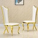 Unique Leatherette Dining Chair Set of 2,Gold Stainless Steel Legs High Backrest Armless Side Chair,Mirrored Classical Upholstered Faux Leather Chair for Kitchen,Bedroom,Living Room,Vanity Room(White)