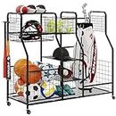 Golf Bag Storage Rack - Fits 2 Golf Bags, Garage Sports Equipment Organizer with Baskets, Garage Organizers and Storage with Hooks, Movable Ball Storage Cart with Wheel for Garage, Gym, Shed, Outdoor