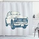 Retro Car Shower Curtain, Old Fashion Vintage Custom Collector Automobile Funky Graphic Design, Fabric Bathroom Decor Set with Hooks, 70 Inches, Baby and Slate Blue