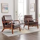 Accent Chairs Set of 2- Comfy Solid Wood Arm Chair Mid Century Modern Small Corner Sitting Decorative Brown Leather Office Side Chair Reading Sillas De Sala Sunroom Bedroom Living Room Furniture Sets