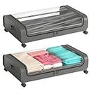 2 Pack Under Bed Storage with Wheels Lid 48L Rolling Metal Frame Underbed Containers Clear Window Storage Bag Box Organization Home Bedroom Organizer Drawer Bin for Clothes Shoes Toys Blankets Grey