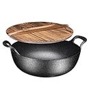 Bruntmor 5 Qt Pre-seasoned Cast Iron Balti Dish With Wooden lid In Black, 5 Quart Large Cast Iron Casserole Dish, Nonstick Handi Cast Iron Kadai Indian, Asian Wok, Pioneer Women Dutch Oven