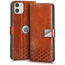 FLIPPED Hand Stitched Honeycomb Dual Design Back Flip Cover Case for Apple iPhone 11 (Shock Proof | Leather Finish | Wallet Case Card Holders & Stand) - Tanned Brown