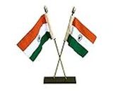 Indic Inspirations India Flag Cross Table Flag Large - Khadi Cotton Flag With Brass Stand, Table Flag For Office & Home, Flag Desk Decor