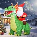 GOOSH 7.2 FT Christmas Inflatable Dinosaur Outdoor Decorations Blow Up Yard Santa Rides Dinosaur with Built-in LEDs for Outdoor Garden Lawn Party Decor