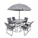 Nice C Outdoor Dining Sets, Patio Furniture Set, 8 Piece Set with Umbrella, Garden Outdoor Furniture Table Set with Tilted Removable Umbrella, Glass Table, and 6 Folding Chairs