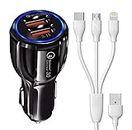 Shopsdash Dualport Car Charger For Apple iPhone 7 Car Charger Adapter B Type 3.0A Dual USB Port Car Charger Adapter socket High Speed Designed for Qualcomm Certified Quick Rapid Fast Turbo Charge QC 3.0 Smart Car Charger With 1.2m 3-in-1 Multi Cable Micro USB Android, iOS and Type-C USB Cable (Black, 3.4Amp, H-19,)