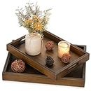 Hanobe Serving Tray with Handles: Set of 2 Rustic Decorative Wood Rectangle Trays with Cutout Handles for Coffee Table Breakfast Ottoman Living Room Kitchen Home Decor, Brown
