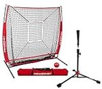 PowerNet 5x5 Practice Net + Deluxe Tee + Strike Zone + Weighted Training Ball Bundle | Baseball Softball Pitching Batting Coaching | Work on Pitch Accuracy | Build Confidence at The Plate (Red)