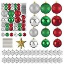 HYRIXDIRECT 128Pcs Christmas Ball Ornaments Set for Christmas Tree Decorations with LED String Lights White Snowflakes & Gold Star Topper Plastic Hanging Balls for Xmas Tree Holiday Decor