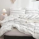 Freyamy Bed Linen 135 x 200 cm 2-Piece Black White Striped Pompoms Boho Reversible Bed Linen Microfibre Soft Bedding Sets Bohemian Duvet Cover with Zip and Pillowcase 80 x 80 cm