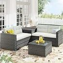 YSWH Outdoor PE Rattan Furniture Set 4-Piece Patio Wicker Sectional Conversation Sets with Storage Box and Tempered Glass Tabletop, Washable Cushions (Beige)