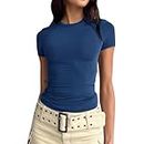 Women's Basic T-Shirts Stretch Tight Short Sleeve Crop Tops Cute Summer Tops Slim Fit Tees Tops Y2k Clothing Marine,S