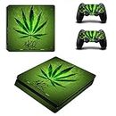 PS4 Slim Skins for Console and Controller/Manette by ZOOMHITSKINS, Same Decal Quality for Cars, Cool Leave Green Herb 420 Custom Weed Smoke Leaf Floral Grass Happy, Fit PS4 Slim, Precise Cut