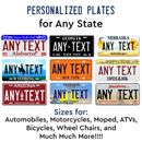 Any State License Plate Tag Personalized Custom Any Text Auto Car ATV Bicycle