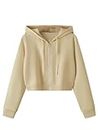 PDKFASHIONS Cotton Blend Casual Long Sleeve Solid Front Zipper Hooded Neck Regular Fit Crop Hoodie For Women (Small, Beige)