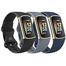 [3-PACK] Bands Compatible with Fitbit Charge 5 Band for Women Men, Soft Silicone Waterproof Replacement Sport Strap Accessories Wristbands for Fitbit Charge 5 Fitness Tracker (Small, Black+BlueGray+NavyBlue)