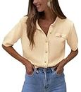 PRETTYGARDEN Women's Summer Button Down Shirts Casual Short Sleeve Crew Neck Ribbed Knit Blouse Top Cardigans (Beige,Small)