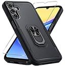 Janmitta for Samsung Galaxy A15 5G Case with Screen Protector[1 Pack],Heavy Duty Shockproof Full Body Protective Cover Built in Rotatable Metal Ring Holder Kickstand,2024 Black Matte