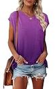 MEROKEETY Women's Casual Cap Sleeve T Shirts Basic Summer Tops Loose Solid Color Blouse, DyePurple, Large