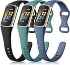 Zitel 3 Pack Silicone Bands Compatible with Fitbit Charge 5 Bands for Women Men, Soft Slim Thin Sport Straps - Black/Pine/Bluegray