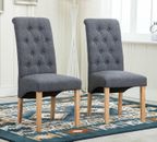Set of 2 Grey Fabric Linen Dining Chairs Roll Top Scroll High Back With BUTTONS