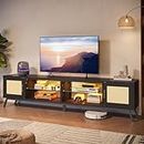 Bestier 80 Inch Rattan TV Stand with Storage for 85 Inch TV, 4-in-1 Mid Century Modern Entertainment Center with LED Lights, Doors and Adjustable Glass Shelves for Living Room
