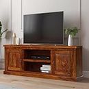 BM WOOD FURNITURE Sheesham Wood TV Stand with 2 Door & Shelf Storage for Living Room Home Entertainment Unit Center Console TV Table Wooden Tv Cabinet (Natural Brown Finish)