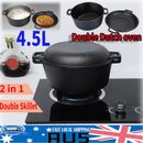 2in1 Double Dutch Oven Combo Cooking Pot Pan Cast Iron for Grill/ Roast-ing 4.5L