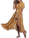 1stvital Women's Floral Maxi Dresses Boho Summer Beach Dress Short Sleeve Button Up Split Party Dress, Yellow 29, Small