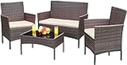 DEVOKO 4 Pieces Patio Outdoor Rattan, Wicker Chair Conversation, Garden Backyard Balcony Porch Poolside Furniture Sets with Soft Cushion and Glass Table, Dark Brown and Beige