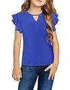 Arshiner Girls Tee Casual Crew Neck T-Shirts Short Sleeve Solid Color Keyhole Neck Butterfly Tops Blue