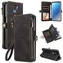 Compatible with Samsung Galaxy S9 Plus Wallet case with Zipper Credit Card Holder Wrist Strap Flip Folio Book PU Leather Stand Cell Accessories Phone Cover for S9+ 9S 9+ S 9 9plus S9plus Girls Black