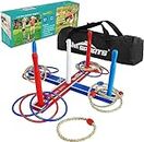 Win SPORTS Premium Quoits Garden Game Set,Wooden Ring Toss Game Indoor Outdoor Games for Kids Adults,Includes Wood Base,8 Ropes and 8 Plastic Rings,Carry Bag,Instruction